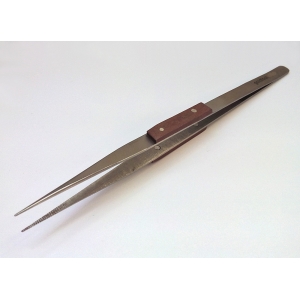 Straight tweezers with grips and serrated jaws, 200mm